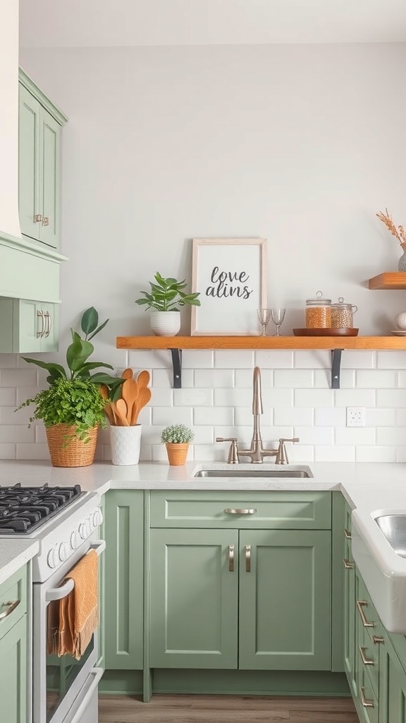 A kitchen featuring sage green cabinets, white subway tiles, and wooden shelves with decorative items.