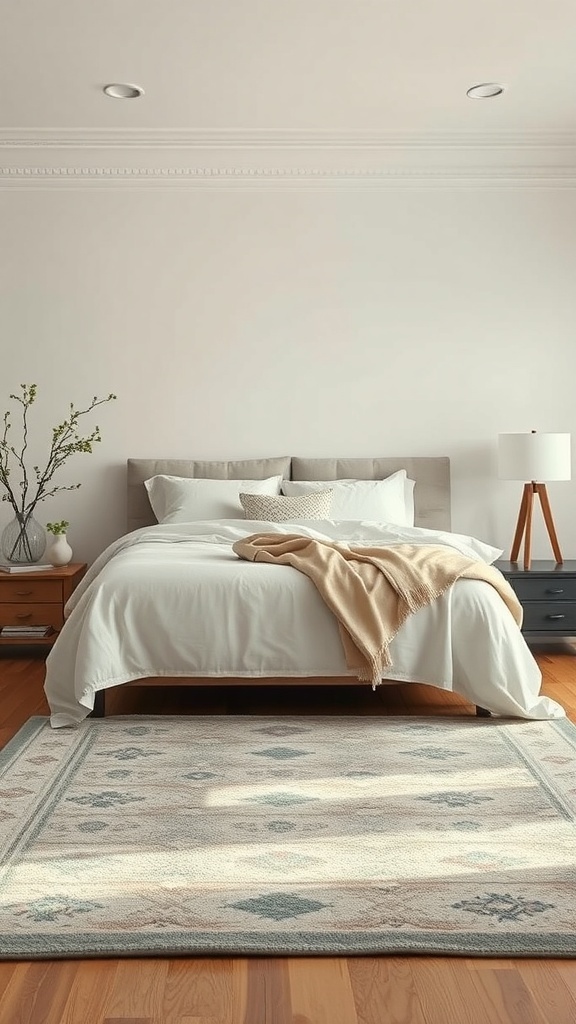A cozy bedroom featuring a sage and cream area rug, with a neatly made bed and soft lighting.