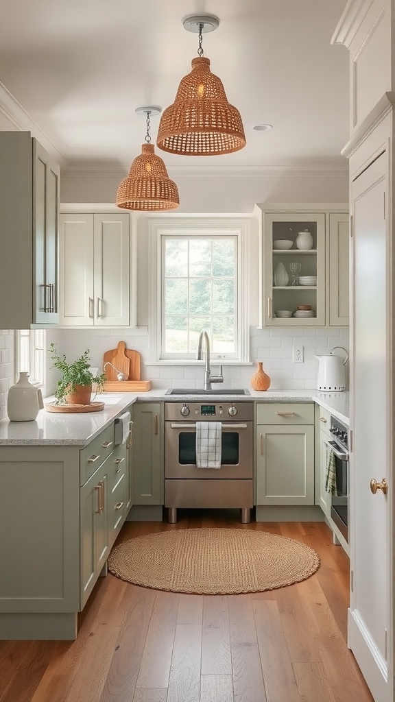 A kitchen featuring sage green and cream two-tone cabinets with woven pendant lights and natural wood flooring.