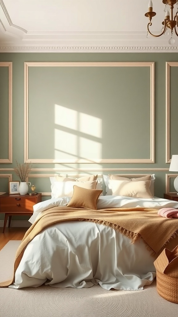 A beautifully styled bedroom featuring a sage green accent wall with cream trims, showcasing a cozy and serene atmosphere.