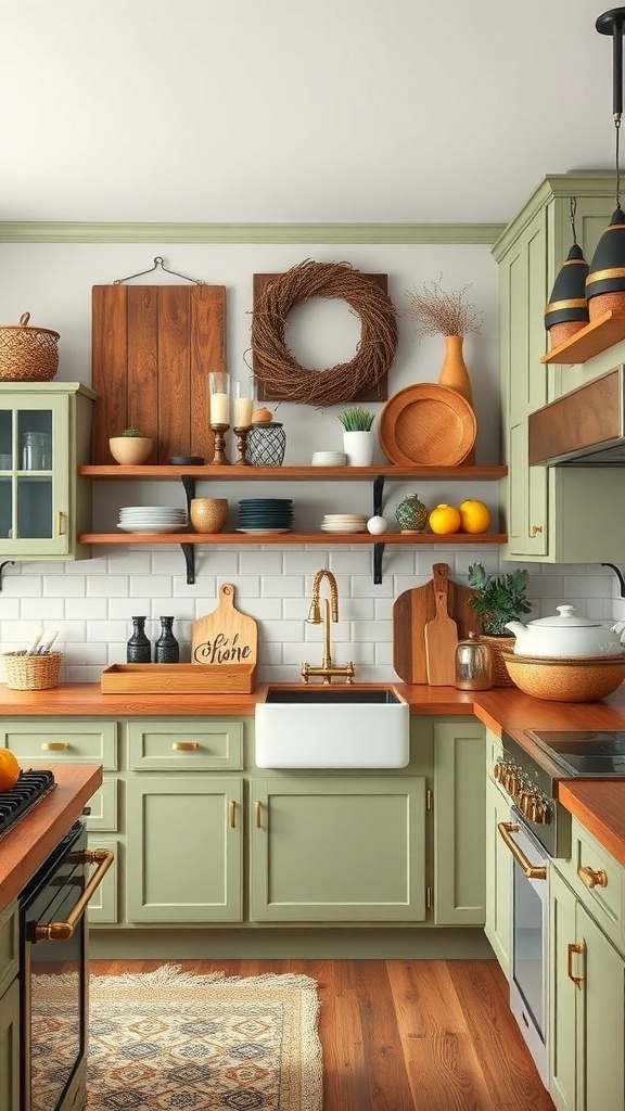 A cozy kitchen featuring sage green cabinets, warm wooden countertops, and open shelving with decorative items.