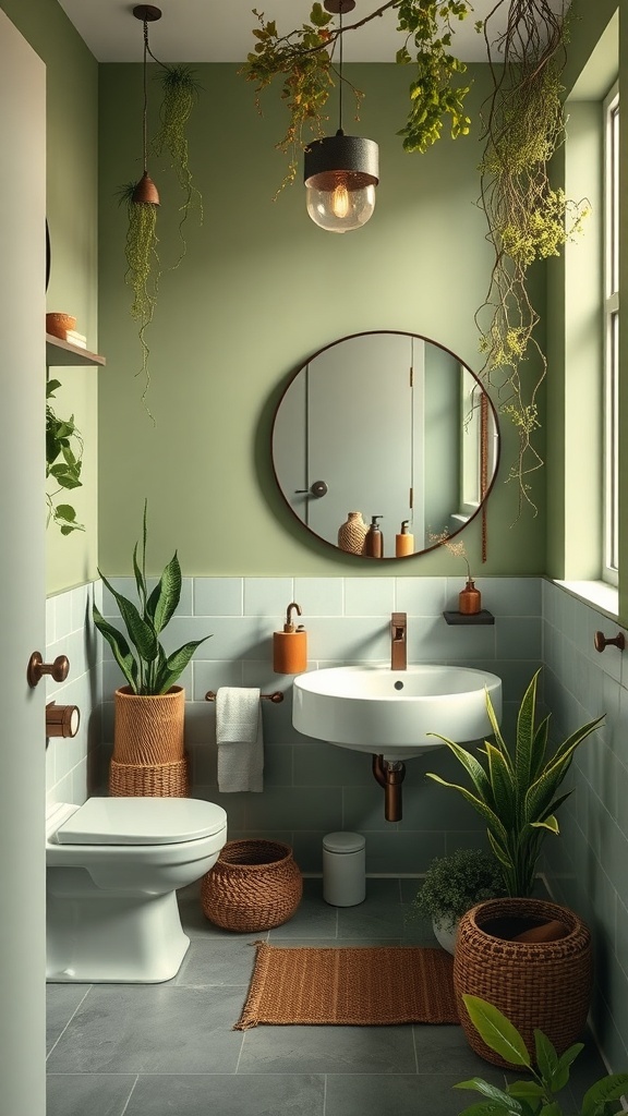 A serene bathroom featuring sage green walls, plants, and natural decor.