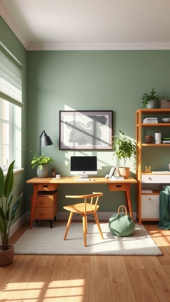 A home office with sage green walls, wooden furniture, and plants, creating a calming workspace.