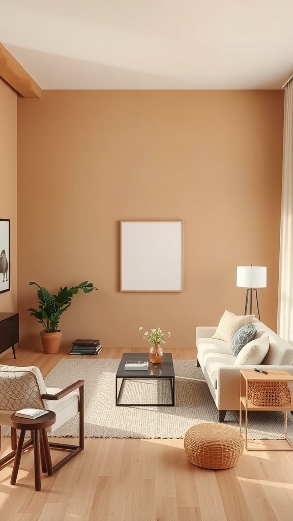 A cozy living room with sandy brown walls, light furniture, and a potted plant.
