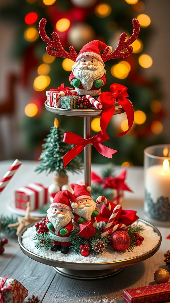 A festive tiered tray decorated with Santa figurines, reindeer antlers, candy canes, and wrapped gifts.