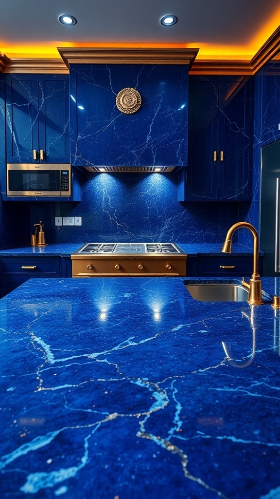 A kitchen featuring Sapphire Blue Granite countertops with gold fixtures and modern appliances.