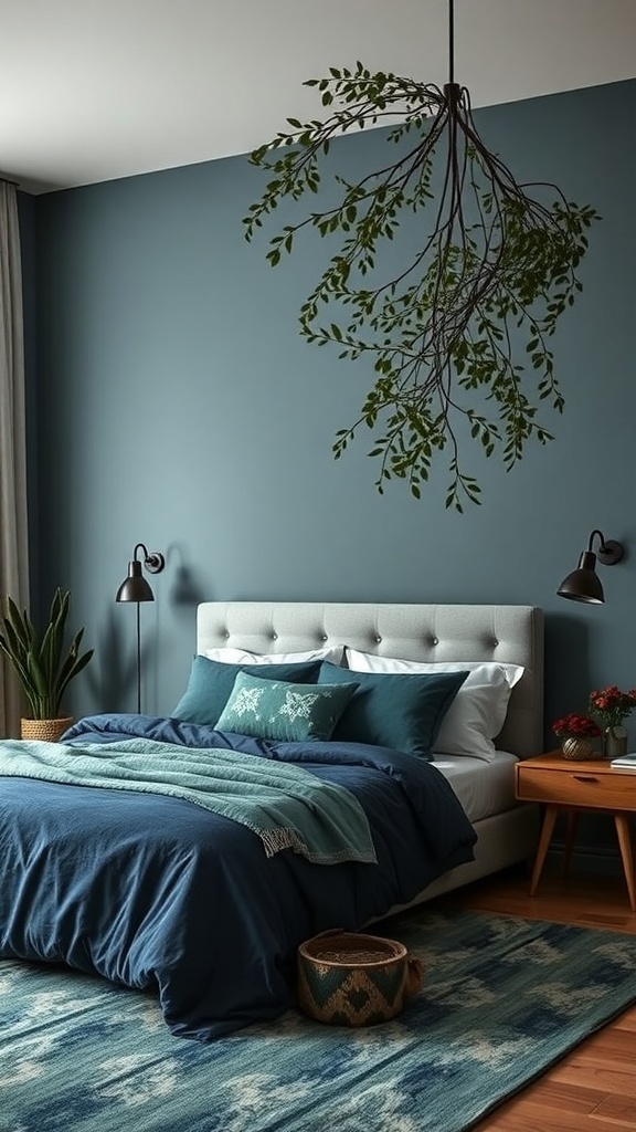 A serene bedroom featuring deep blue walls, layered bedding in shades of blue and teal, and a hanging plant for a calming effect.