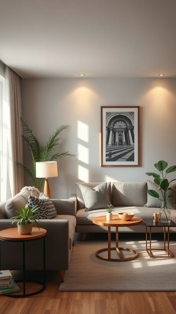 Cozy living room with a sofa, coffee tables, and soft lighting.