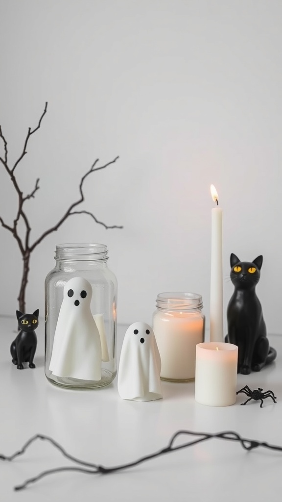 Scandi-chic Halloween decor with ghost jars, candles, and black cat figurines