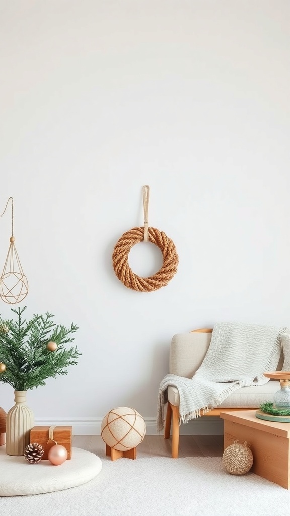 A cozy living space decorated for Christmas with a small tree, a rope wreath, and warm textiles.