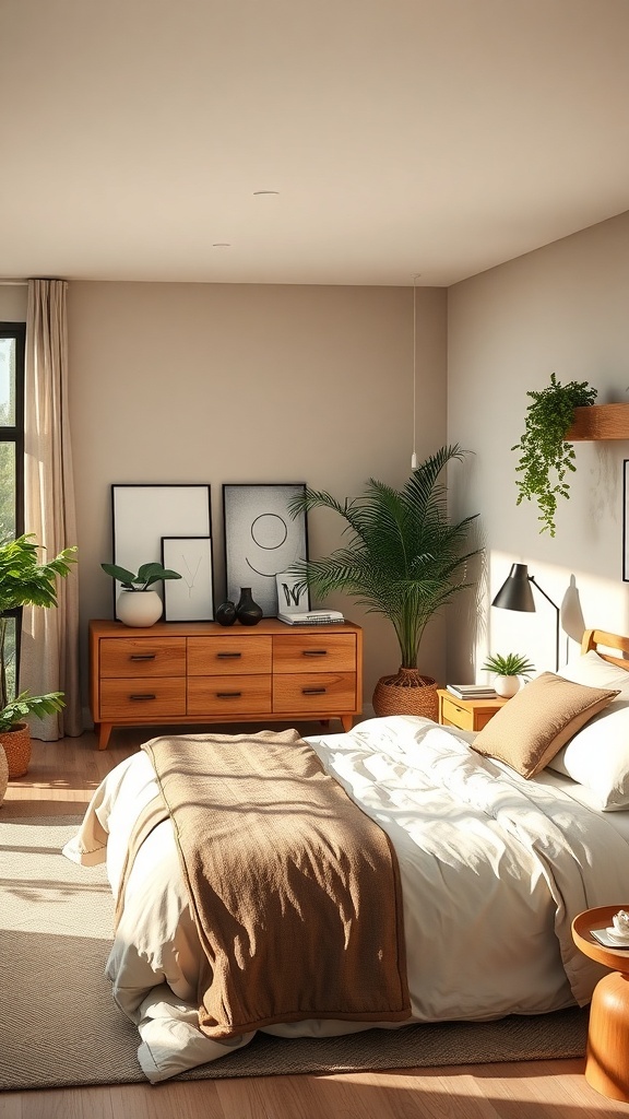 A cozy Scandinavian-style bedroom with brown and white decor, featuring a bed with brown bedding, wooden furniture, and green plants.
