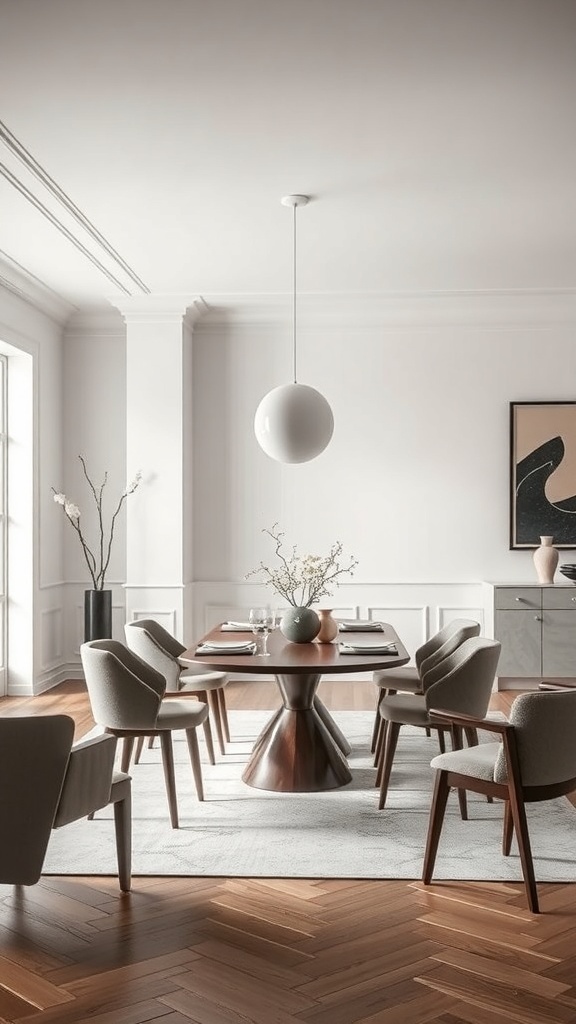 A Scandinavian-inspired dining room featuring a wooden table with a sculptural base, upholstered chairs, and a large pendant light.