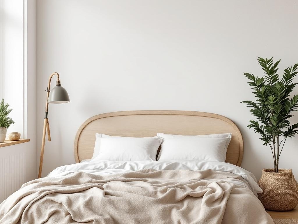 A modern bedroom featuring a Scandinavian curved edge plywood headboard, light bedding, a floor lamp, and a potted plant.