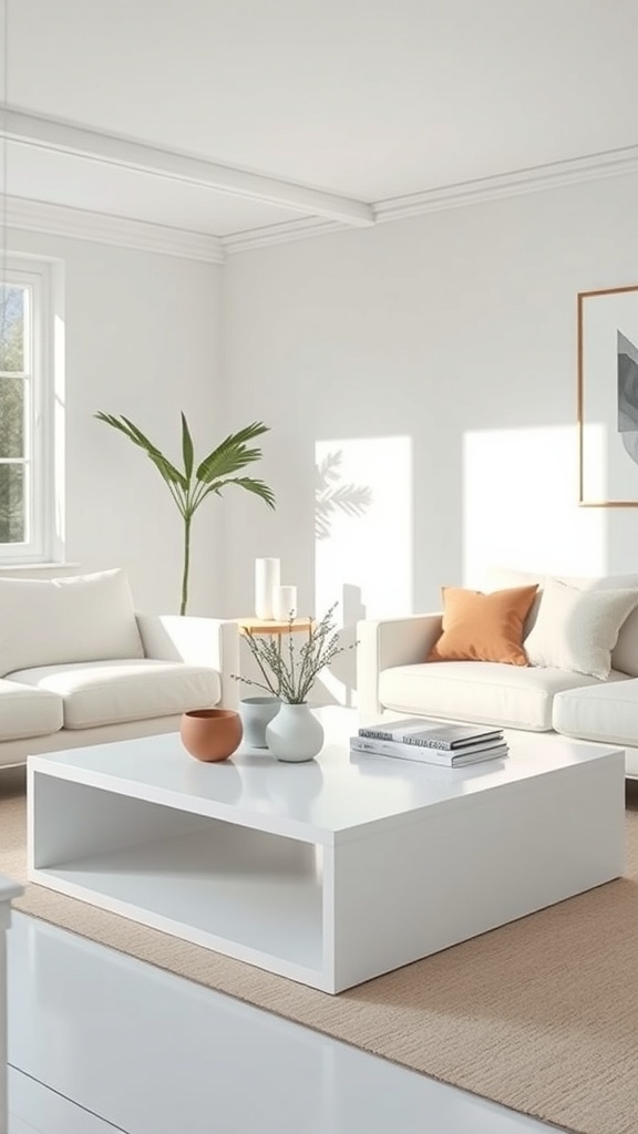 A bright living room featuring a white coffee table, soft sofas, and a plant, embodying Scandinavian minimalism.