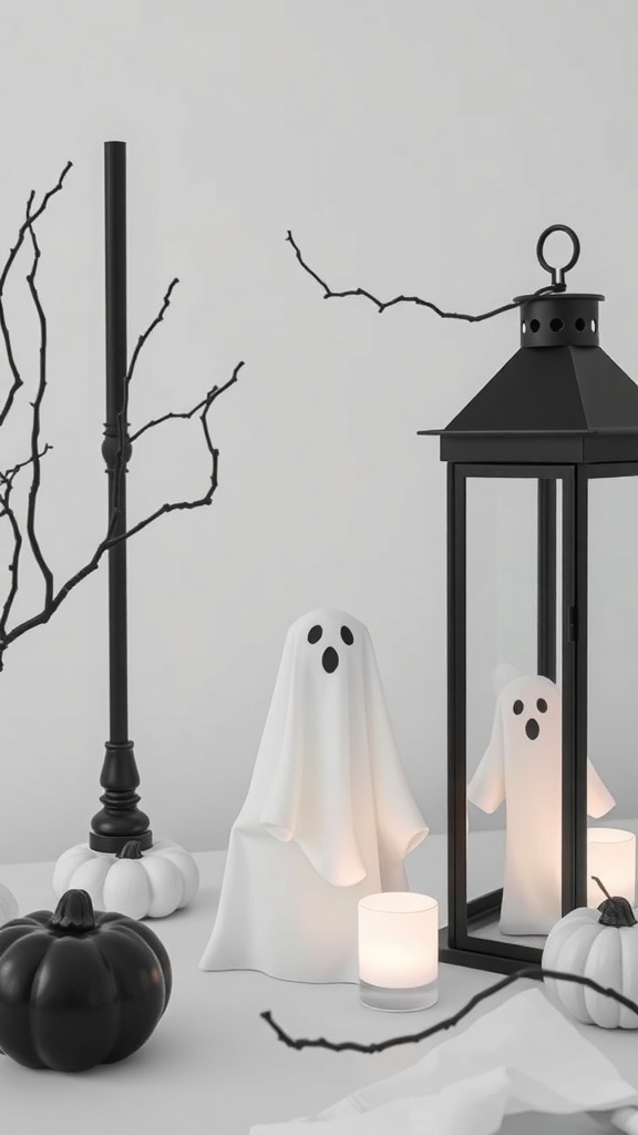 A Scandinavian minimalist Halloween decoration featuring a white ghost figure, black pumpkins, and a black lantern.