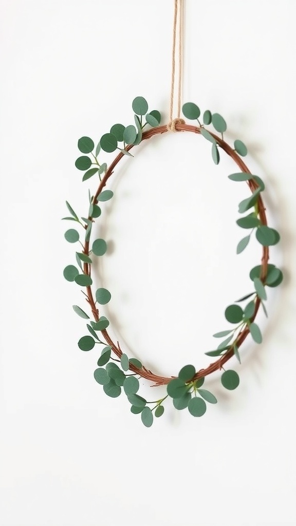 A minimalist hoop wreath with eucalyptus leaves.