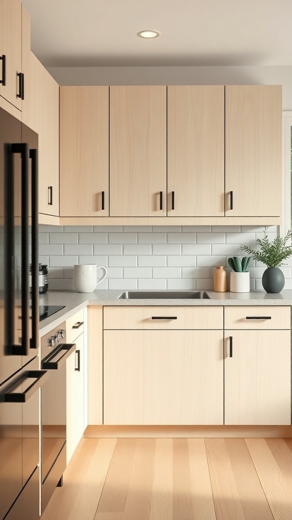 A Scandinavian-style kitchen featuring light-stained white oak cabinets with matte black hardware, a white backsplash, and a clean, minimalist design.