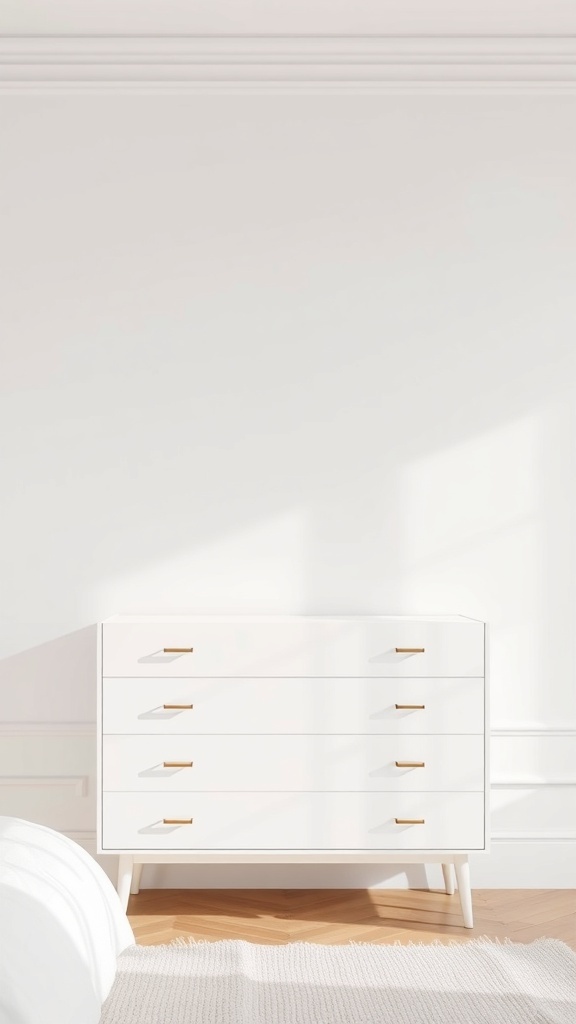 A sleek white chest of drawers with minimal handles, set against a bright wall.