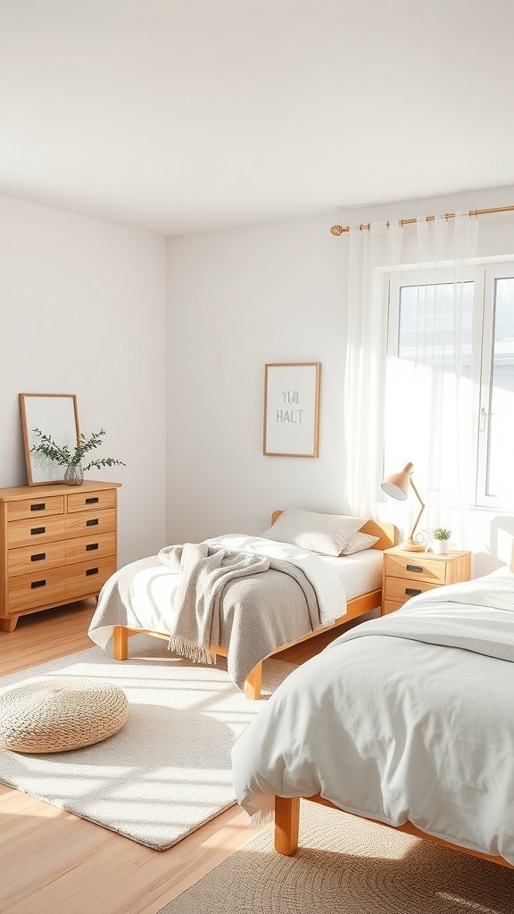 A bright and airy Scandinavian-style bedroom featuring light wood furniture, neutral colors, and minimal decor.