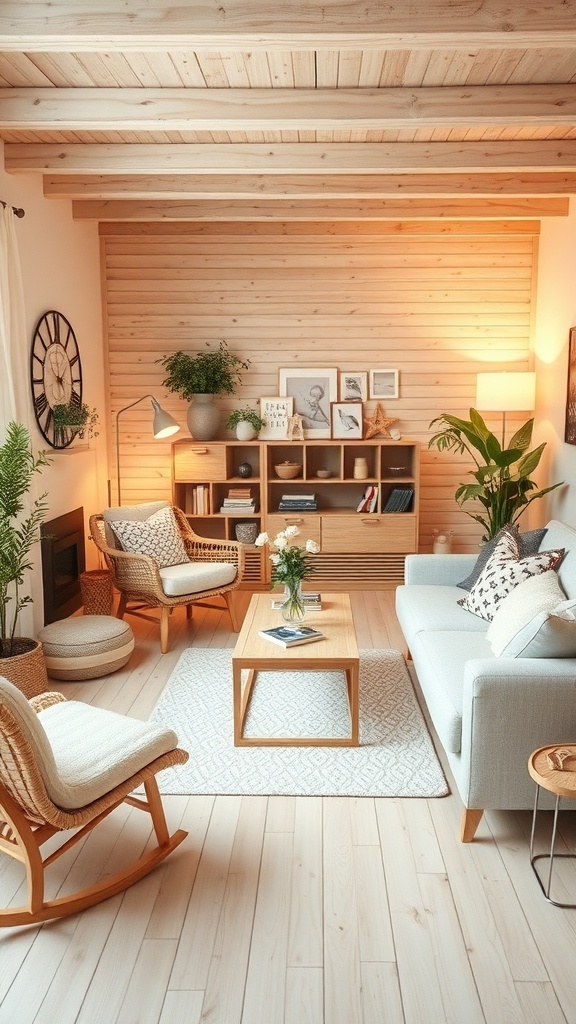 A cozy Scandinavian living room featuring wooden beams, neutral colors, and comfortable furniture.