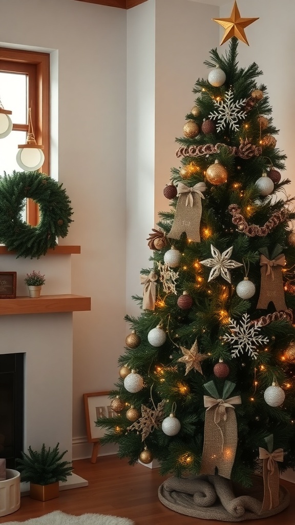 A beautifully decorated Scandinavian-style Christmas tree with neutral and earthy tones, featuring wooden stars, burlap accents, and soft white baubles.