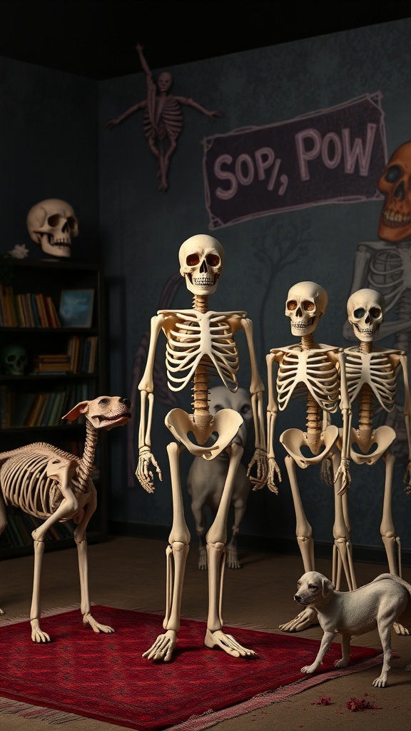 A group of skeletons, including a skeleton dog, in a playful pose in a spooky setting.