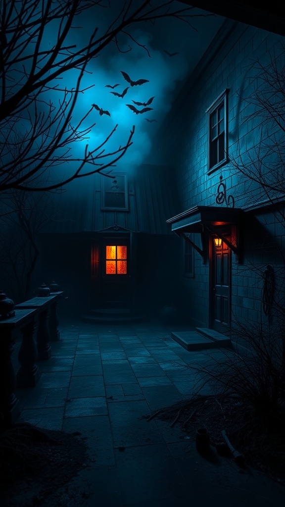A spooky outdoor scene with a dark atmosphere, featuring a house with an eerie glow from the windows and bats flying in the night sky.