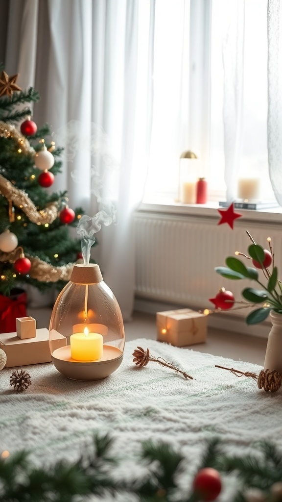 A cozy holiday scene featuring a lit candle, a Christmas tree, and soft decor elements.