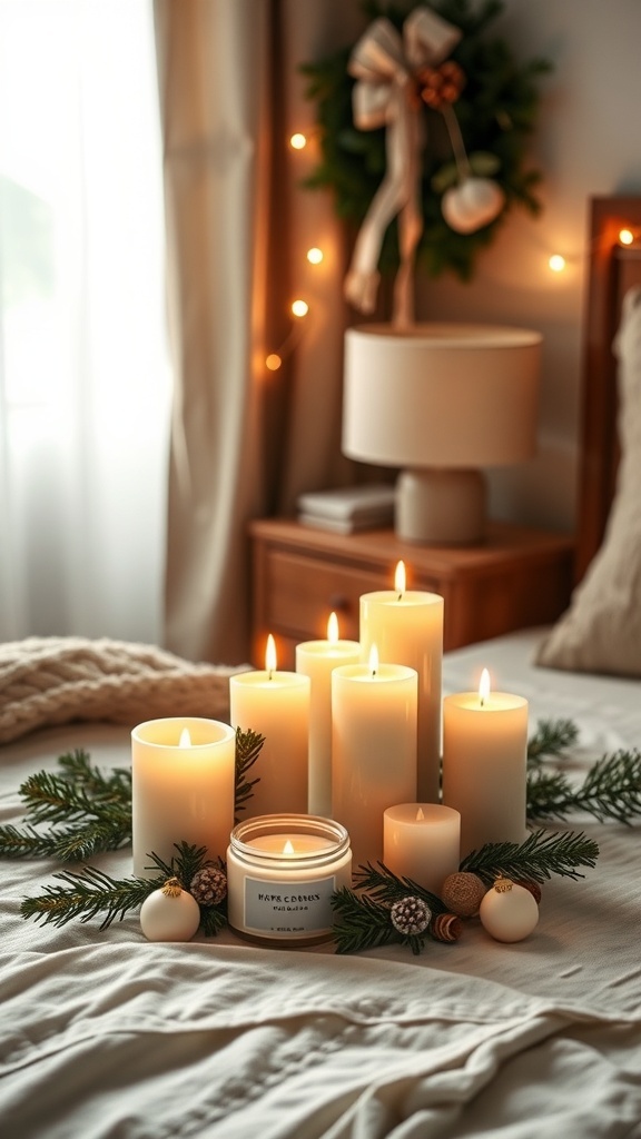 A cozy bedroom scene with lit scented candles surrounded by festive decorations.