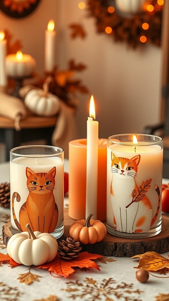 A cozy display of scented cat candles with autumn decorations.