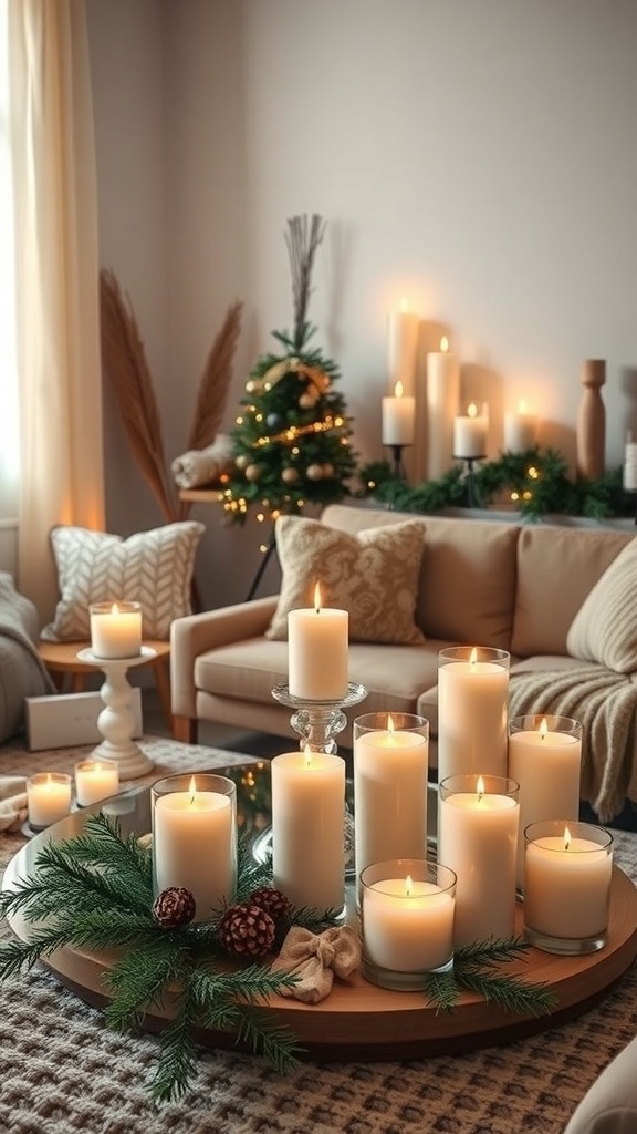 A cozy living room with a display of white candles and festive decor, including a small Christmas tree and pine branches.