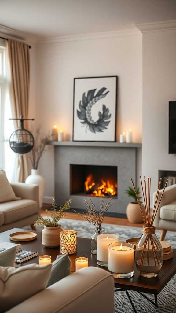 A cozy living room with candles, a diffuser, and plants creating a warm atmosphere.