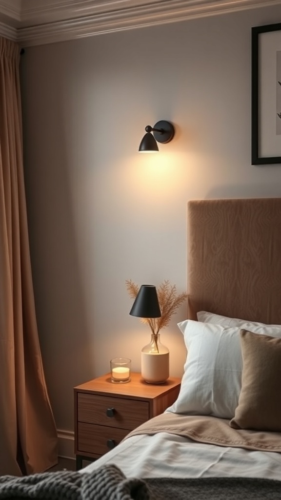 modern bedroom with black wall sconce illuminating the space