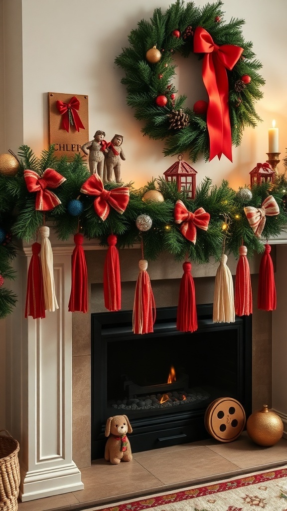 A festive scrap fabric garland made of colorful fabric strips hanging above a fireplace.
