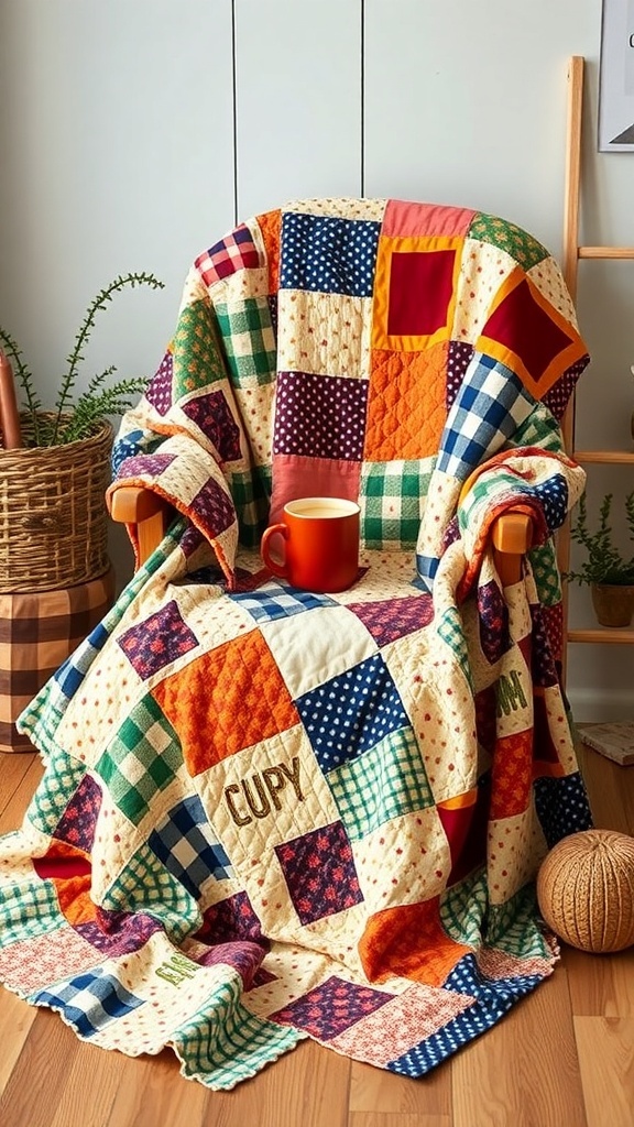 A colorful scrappy patchwork quilt draped over a chair with a mug on top.