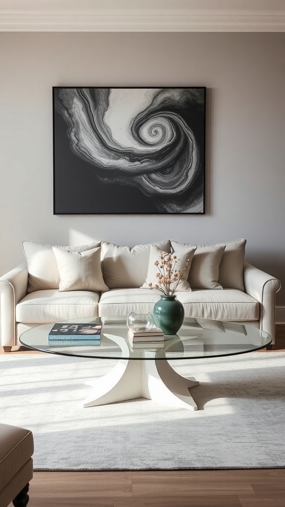 A modern living room featuring a sculptural base sofa table with a glass top, complemented by a cozy sofa and abstract wall art.