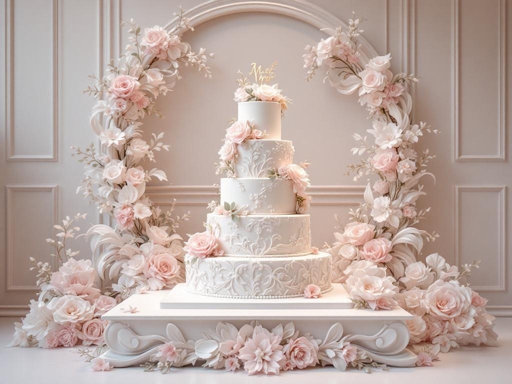 A sculptural wedding cake display featuring intricate floral designs and soft pastel colors, surrounded by faux flowers.