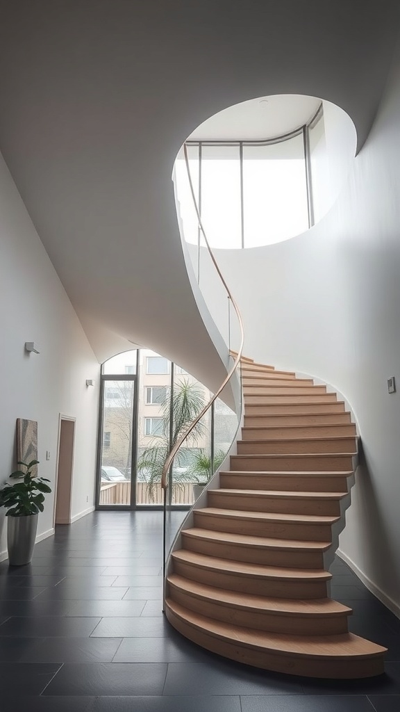 A sculptural curved staircase with wooden treads and a minimalist railing, illuminated by natural light from large windows.