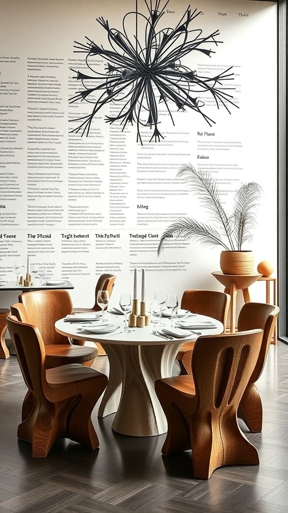 A sculptural dining room featuring a round table with a unique base and organic-shaped chairs, complemented by a dramatic chandelier.