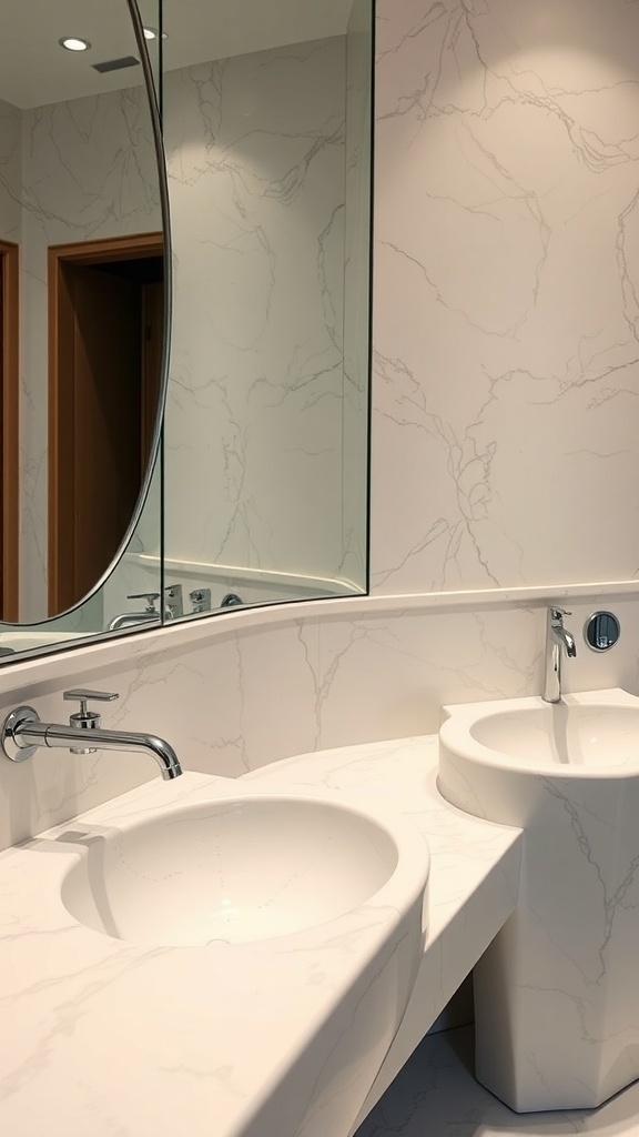 Luxurious powder room with sculptural fixtures and high-end hardware.