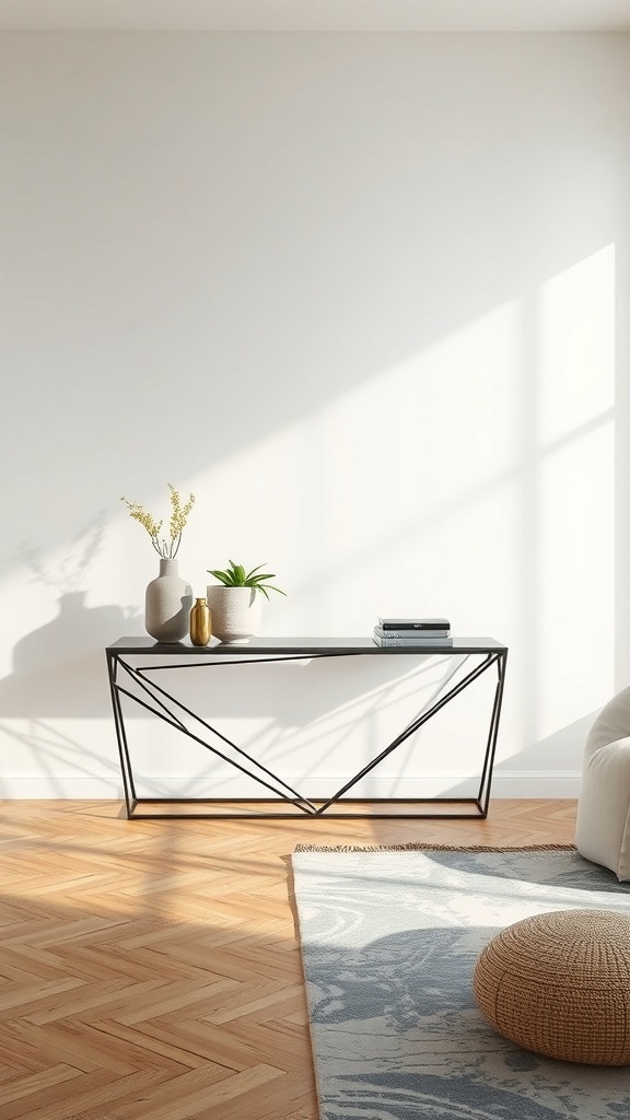 Sculptural metal frame console table in a modern living room setting