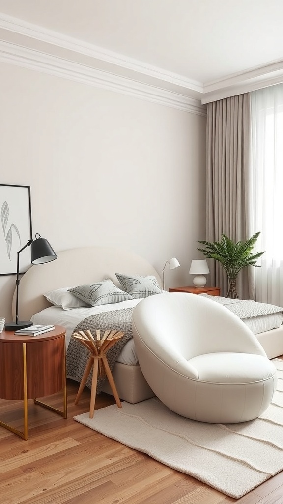 A cozy bedroom featuring sculptural, organic-shaped furniture, including a rounded chair and a wooden nightstand.
