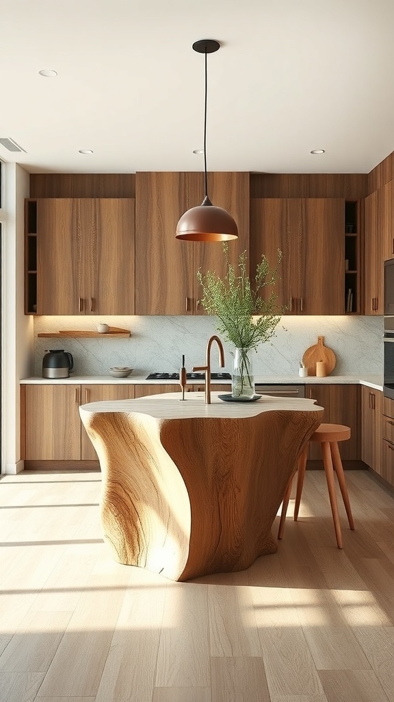 A sculptural waterfall island made of white oak in a modern kitchen with warm cabinetry and soft lighting.