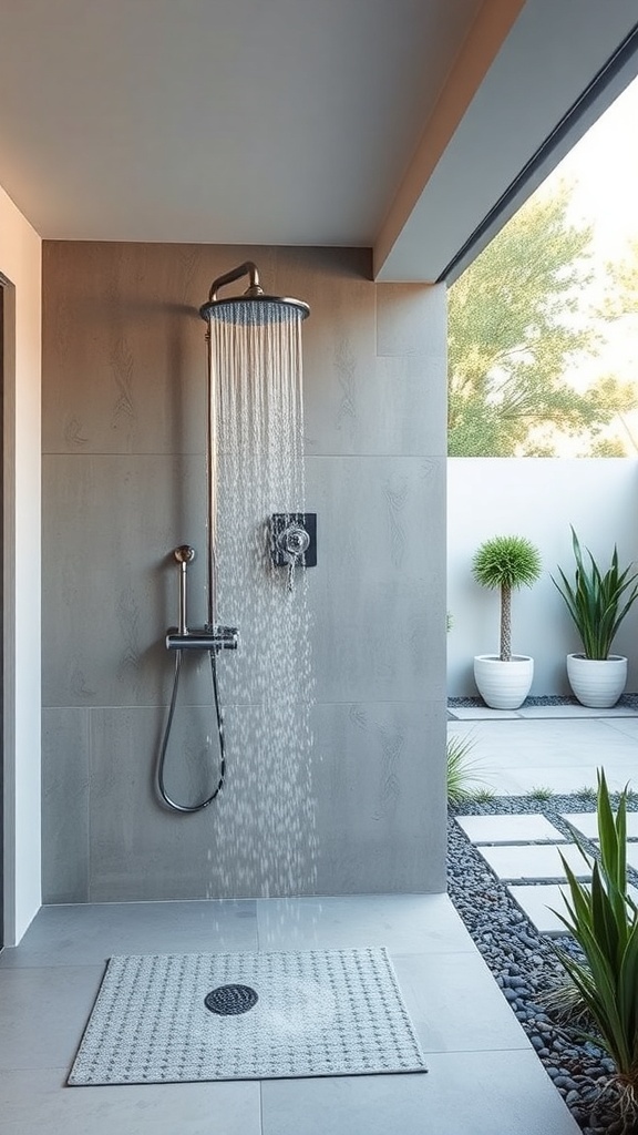 Modern outdoor shower with a rain showerhead and minimalist design
