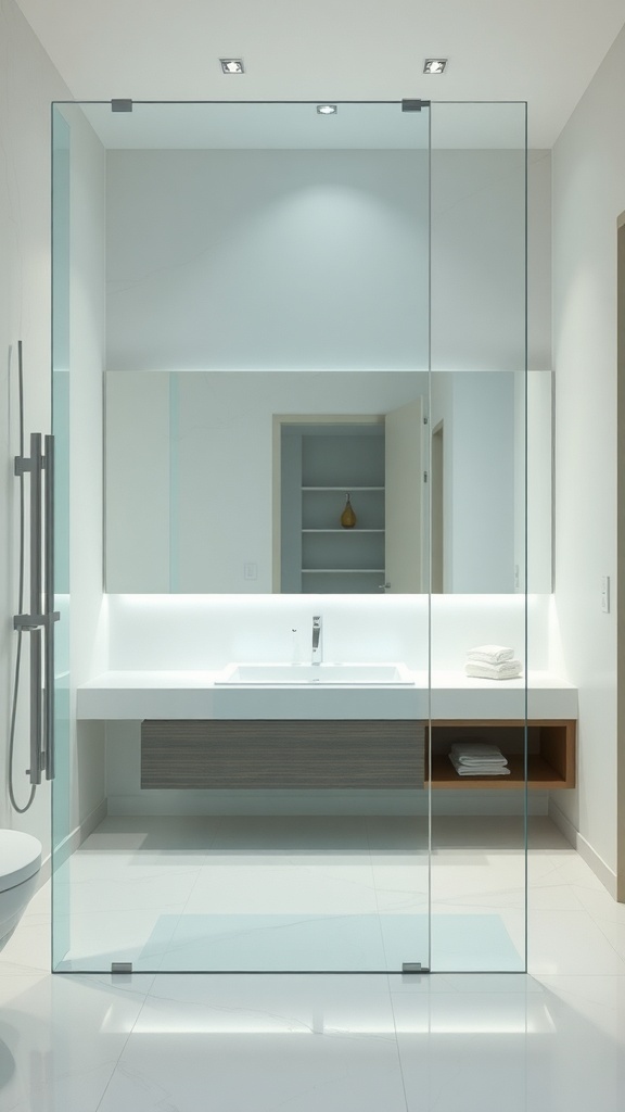 A modern bathroom featuring a seamless glass divider, freestanding soaking tub, and minimalist design.