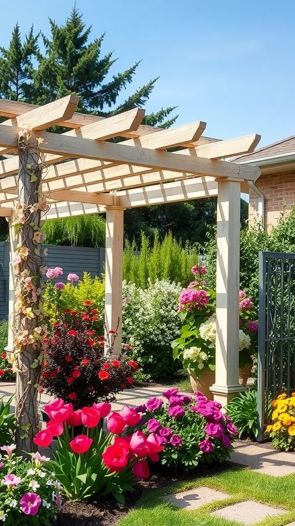 A beautiful wooden pergola surrounded by colorful flowers and lush greenery in a garden.