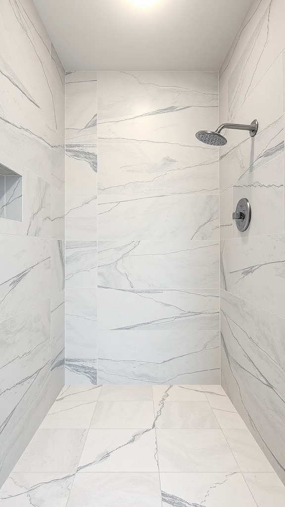 A modern shower with large-format marble-like tiles, showcasing a seamless and luxurious design.