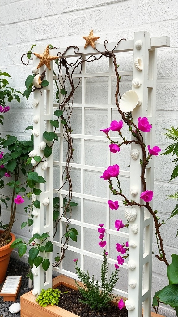 A white garden trellis decorated with seashells and starfish, surrounded by vibrant pink flowers.