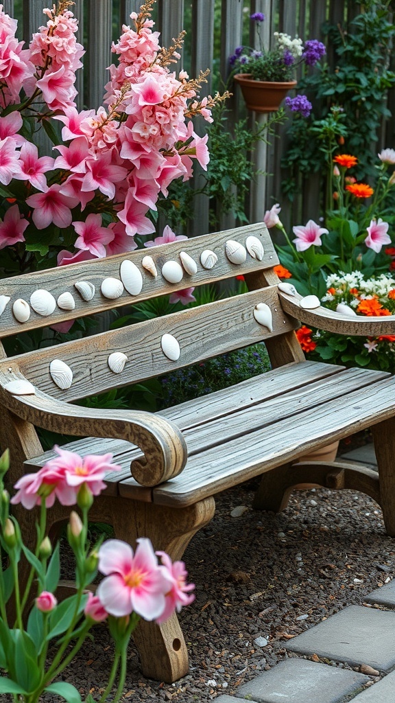A wooden garden bench decorated with seashells, surrounded by colorful flowers.