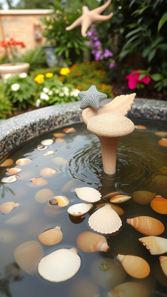 A decorative water feature with seashells and colorful flowers in a garden.
